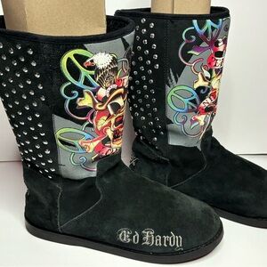 Ed Hardy Black and Multicolor Graphic Women's Boots